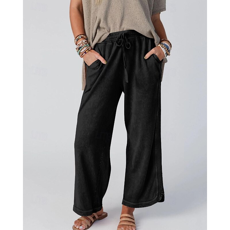 Women's Wide Leg Slacks Streetwear Casual Full Length Natural Plain Pocket Elastic Drawstring Design Comfortable Street Holiday Weekend dark brown Dark-Gray Orange red Black Fall Regular Fit4