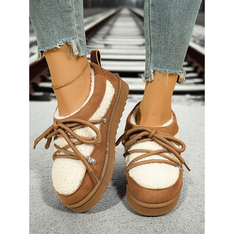 Women's Brown Faux Suede Fleece Lined Lace-Up Shoes – Cozy Winter Casual Flats for Outdoor, Travel and Cold Weather