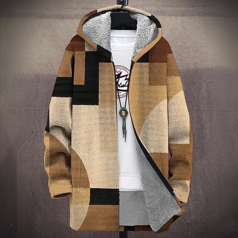 Men's Geometric Winter Coat Fleece Jacket Coat Thermal Warm Comfortable Casual Daily Wear Zipper Pocket 3D Print Fall Winter Hooded Long Sleeve White Red Brown2