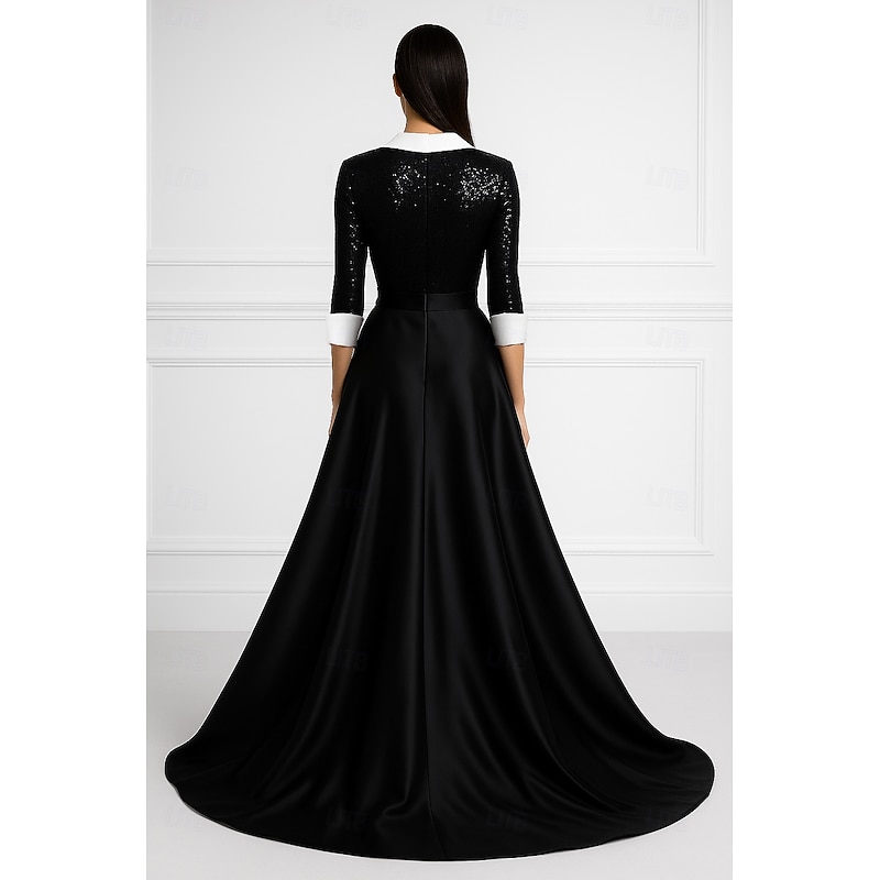 Tuxedo Dress A-Line Formal Wedding Wedding Guest Satin Glitter Elegant Glittering 3/4 Sleeve Pleated Floor Length Notched Lapels2