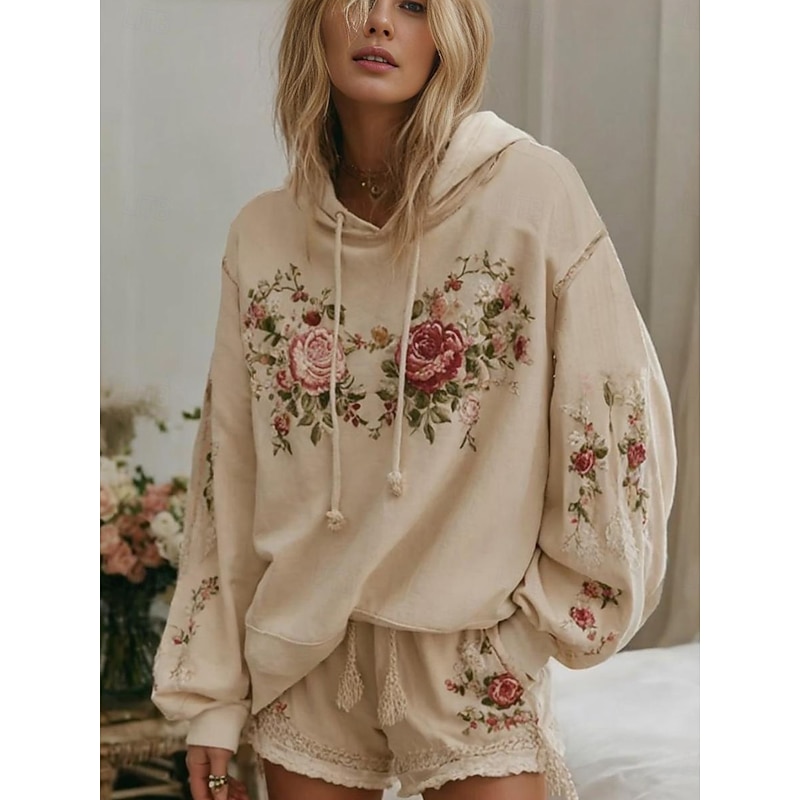 Women's 3D Print Vintage Boho Hoodie Patchwork Hoodie Sweatshirt Floral Pullover Sweatshirt Oversized Casual Graphic Floral Warm Active Hooded Street Dailywear Patchwork Beige Spring Fall Winter