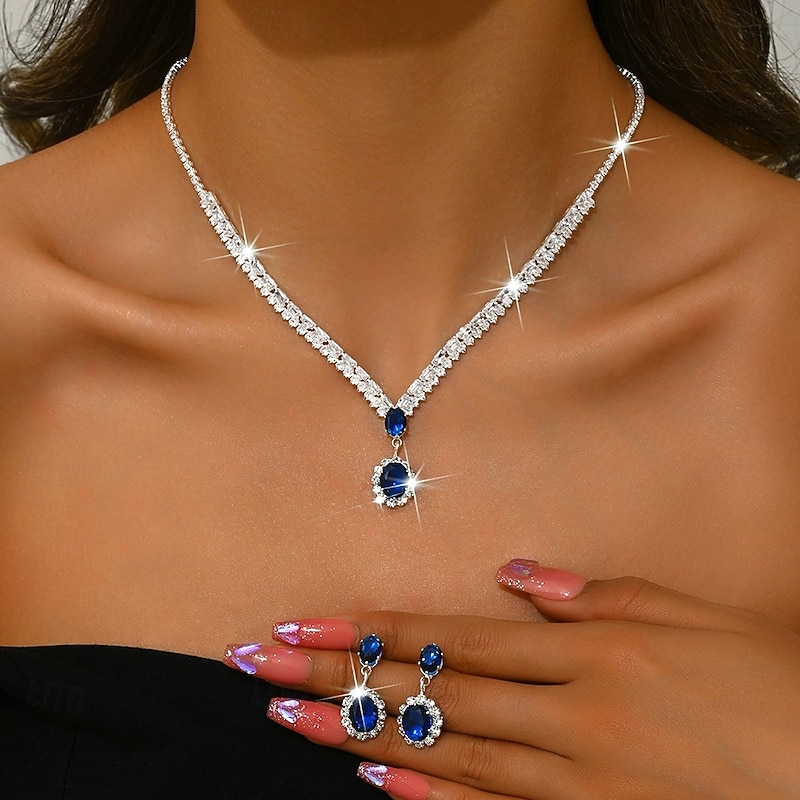 Jewelry Set 3pcs Rhinestone Chrome Earrings Necklace Women's Elegant Vintage Dainty Geometrical Geometric Jewelry Set For Wedding Party Wedding Guest3