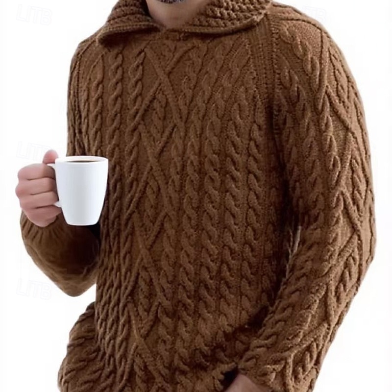 Men's Sweater Pullover Sweater Jumper Cable Knit Regular Tops Knitted Slim Fit Plain Turndown Knitwear Contemporary Casual Daily Wear Clothing Apparel Fall & Winter Wine Black S M L3