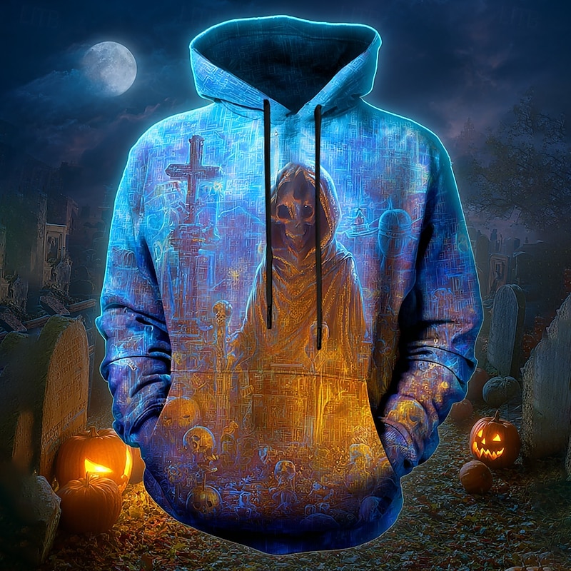 Halloween Men's Graphic Grim Reaper 3D Reaper Sweatshirt Punk Exaggerated Long Sleeve Crew Neck Club Streetwear Blue Drawstring 3D Fall Winter Designer