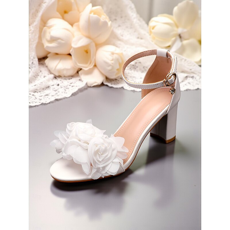 Women's White Flower-Embellished Block Heel Sandals - Comfortable Wedding Shoes with Ankle Strap, Bridal Footwear, Perfect for Weddings and Special Occasions3