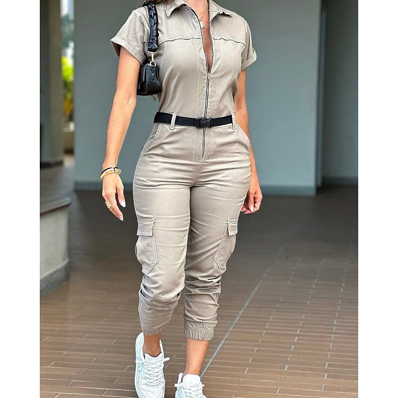 Women's Normal Jumpsuit Streetwear Solid Color Short Sleeve Cargo Pants Shirt Collar Pocket Street Daily Regular Fit Black White Khaki Fall3