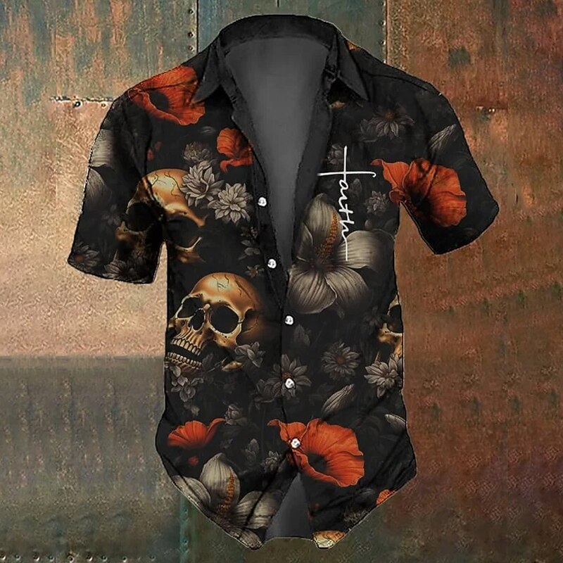 Men's Halloween Costumes Day of the Dead Skulls Shirt Button Up Shirt Short Sleeve Dark Punk Gothic Style Holiday Summer Spring Turndown 3D Print Collared Shirts Black 1 Black Black 23