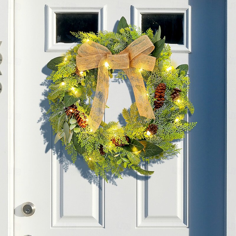 Christmas Wreath for Front Door Xmas Indoor Outdoor Decoration with Burlap Bow Lighted Pine Cone Rattan Garland for Window Shop Mall Holiday Party Display