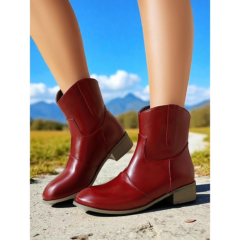 Women's Wine Red Faux Leather Ankle Boots – Casual Western Style Low Heel Short Boots for Work, Travel and Everyday Outfits