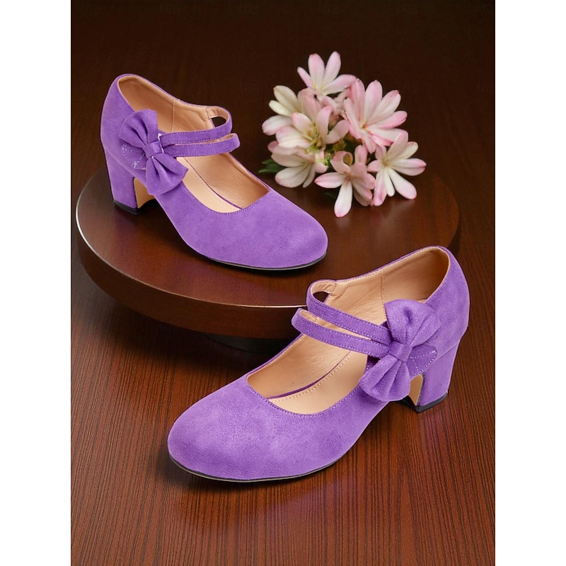Women's Purple Mary Jane Pumps - Suede Chunky Heel Dress Shoes with Double Bow Straps, 1950s Vintage-Inspired Style for Weddings, Parties and Elegant Everyday Outfits2