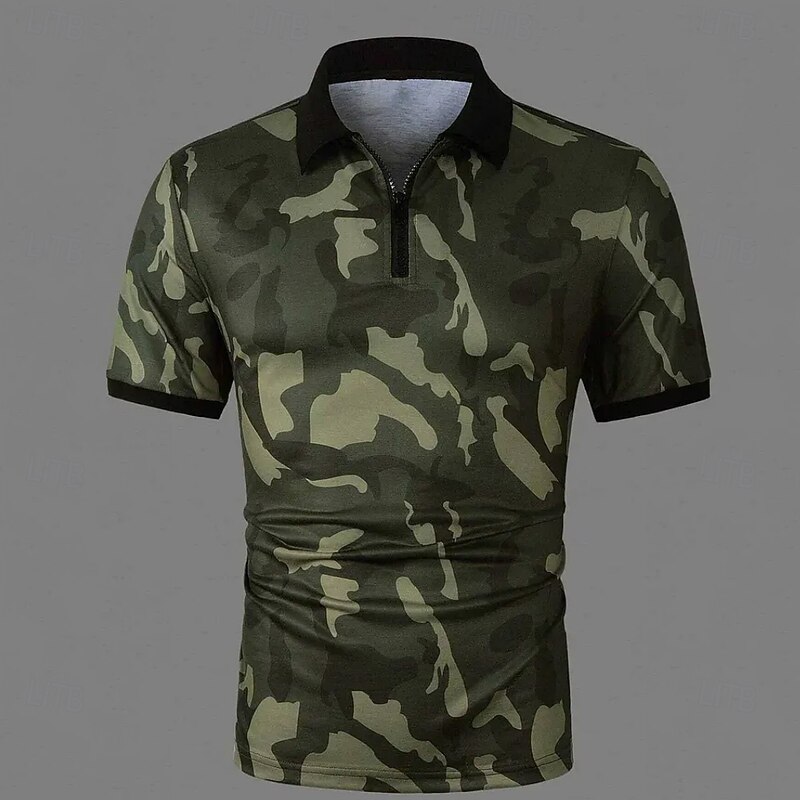 Men's Camouflage Zip Polo Short Sleeve Turndown Casual / Sporty Sports & Outdoor Athleisure Casual Daily Zip Up 3D Print Summer Dark red Robin's Egg Blue Military Green4