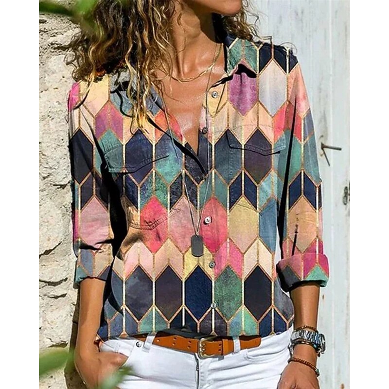 Women's Shirt Blouse Color Block Modern Casual Long Sleeve Shirt Collar Regular Tops Daily Holiday Buttons White and Blue Black Red Royal Blue Sky Blue Summer2