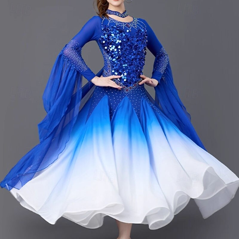 Ballroom Dance Dress Crystals / Rhinestones Sequins Women's Performance Party Long Sleeve Linen Cotton Blend