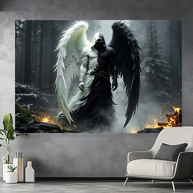 Dark and Light Angel Tapestry – Gothic Fantasy Wall Hanging with Black and White Wings, Forest and Fire Scene, Spiritual Wall Decor for Bedroom or Living Room
