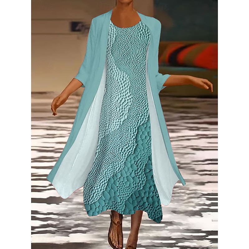 Women's Dress Set Shift Dress Summer Dress Casual Ombre Graphic Layered Print Midi Dress 3/4 Length Sleeve Crew Neck Daily Black White Green Spring Fall Regular Fit3