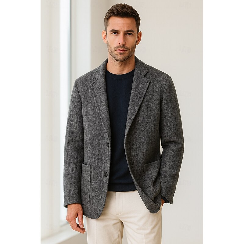 Men's Wool Blend Blazer Jacket School Formal Vacation Elegant Classic Spring Fall Wool Polyester Solid Color Herringbone Thermal Warm Single Breasted Two-button Blazer Coffee Gray3