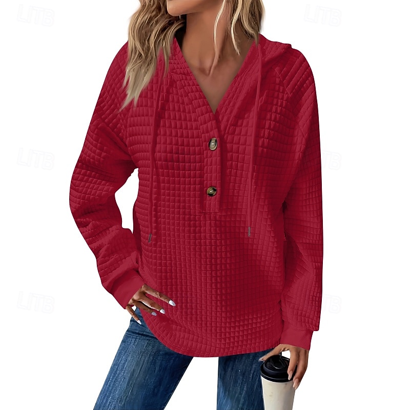 Women's Texture Sweatshirt Waffle Sweatshirt  Pullover Hoodie Sweatshirt Plain Streetwear Casual Long Sleeve Hooded Regular Tops Street Holiday Going out Buttons Black White Pink Wine Fall Winter4