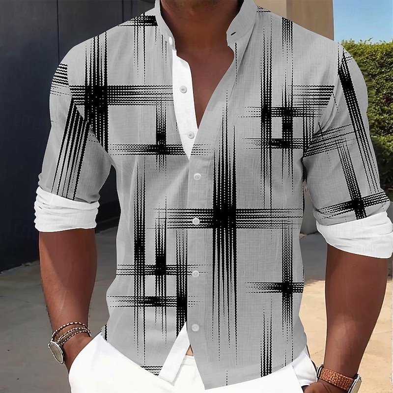 Men's Geometric Grid / Plaid Shirt Button Up Shirt Stand Collar Shirt Long Sleeve Casual Outdoor Vacation Daily Spring Fall Mandarin Collar Band Collar 3D Print Linen Like Shirt White Pink Blue Gray4