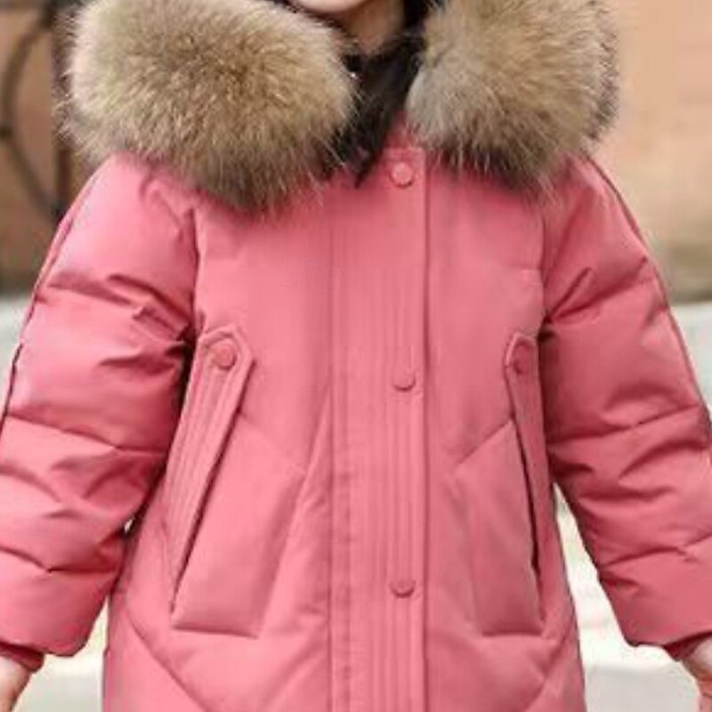 Kids Girls' Down Coat Solid Color Fashion Fur Trim Zipper Pocket School Cotton Coat Outerwear 4-12 Years Winter Black Pink Red2