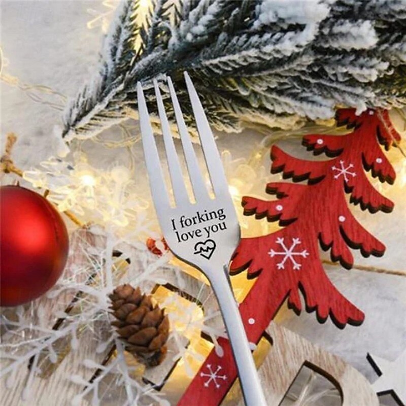 Engraved Fork Stainless Steel Cake and Fruit Dining Fork Holiday Gift for Family Couples Christmas Present Kitchen Tableware Home Party Accessory Festive Celebration Set2