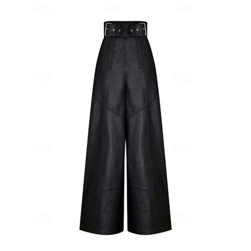 Women's Wide Leg Leather Pants Streetwear Casual Full Length Natural Plain Pocket Elastic Waist Comfortable Outdoor Vacation Holiday Black Army Green Fall Regular Fit4