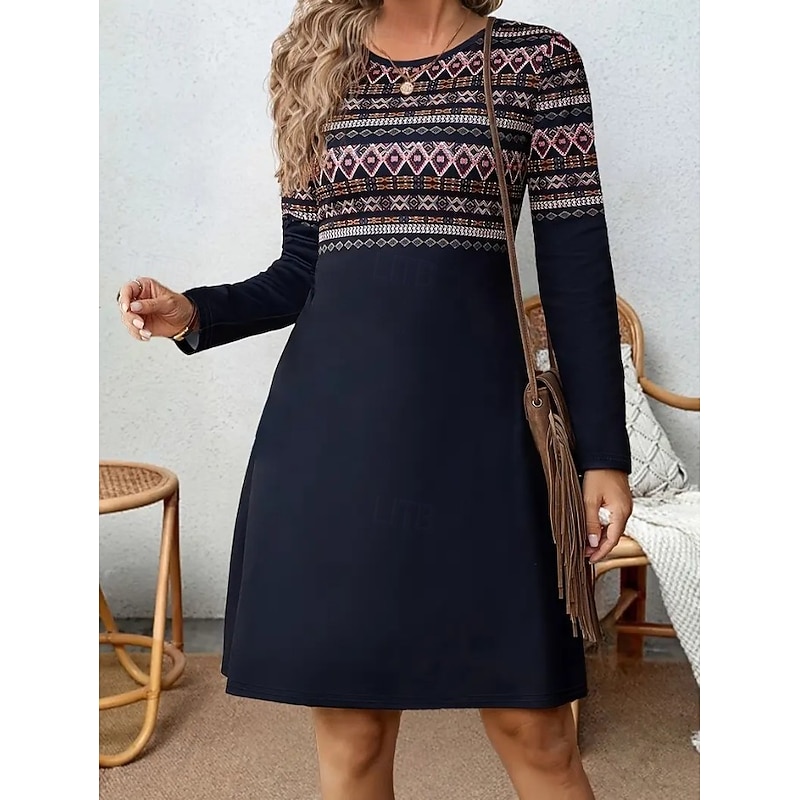 Women's Mini Dress T Shirt Dress Tee Dress Shift Dress Summer Dress Vacation Casual Party Daily Regular Fit Graphic Geometric Long Sleeve Crew Neck Dark Blue Spring Fall Winter3