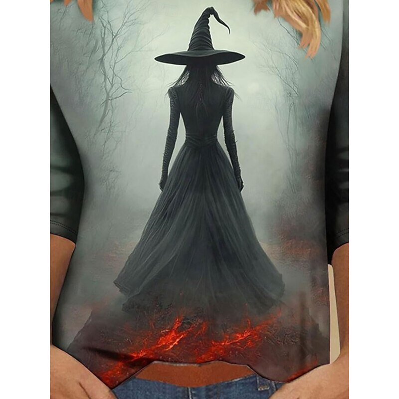 Halloween Women's T shirt Witch Graphic Skull Vintage Fashion Stylish Long Sleeve Crew Neck Round Neck Regular Tops Daily Weekend Print Navy Blue Gray Summer Spring Fall3