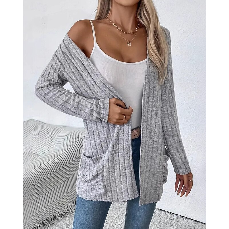 Women's Cardigan Casual Solid Color Cable V Neck Pocket Knitted Long Sleeve Regular Tops Knit Holiday Going out Weekend Gray Fall3