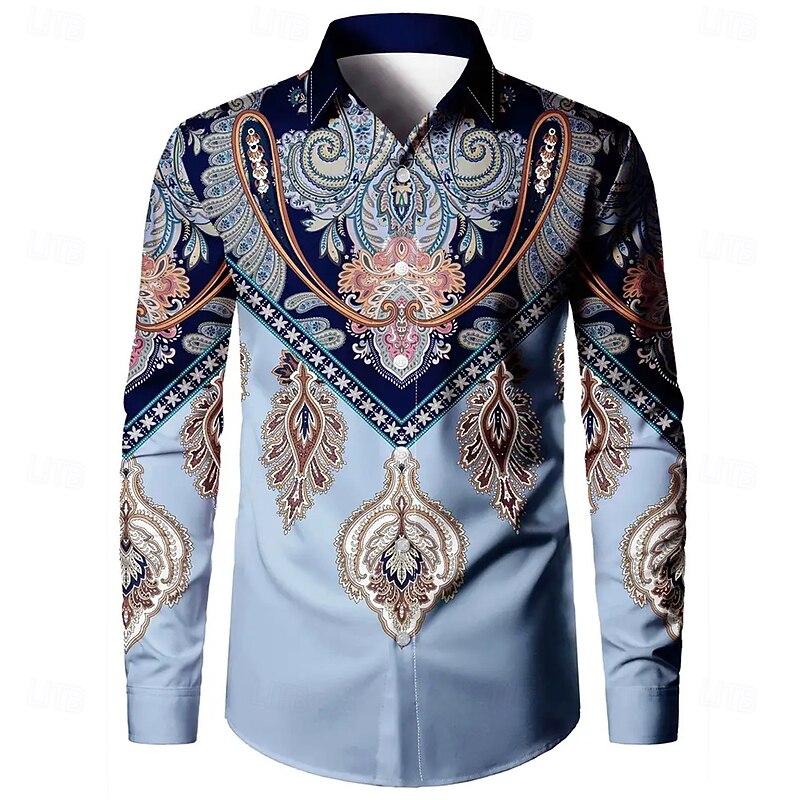 Men's Paisley Ethnic Flowers Shirt Button Up Shirt Casual Dress Shirt Long Sleeve Vintage Retro Vacation Daily Streetwear Summer Spring Turndown 3D Print Collared Shirts Blue