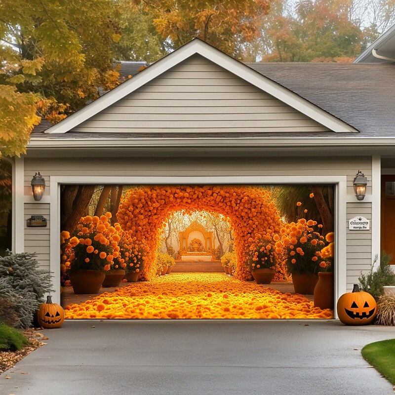 Day of the Dead Tapestry Garage Door Cover Large Hanging Backdrop Marigold Dark Punk Gothic Style Party Outdoor Shooting Backgrounds Front Door Home Decor4
