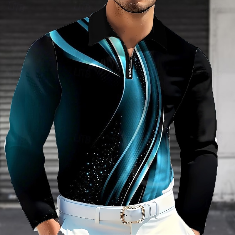 Men's Geometic Line Polo Long Sleeve Polo Shirts Lapel Business Casual Business Daily Wear 3D Print Buttons Spring Fall Lake blue Blue Green