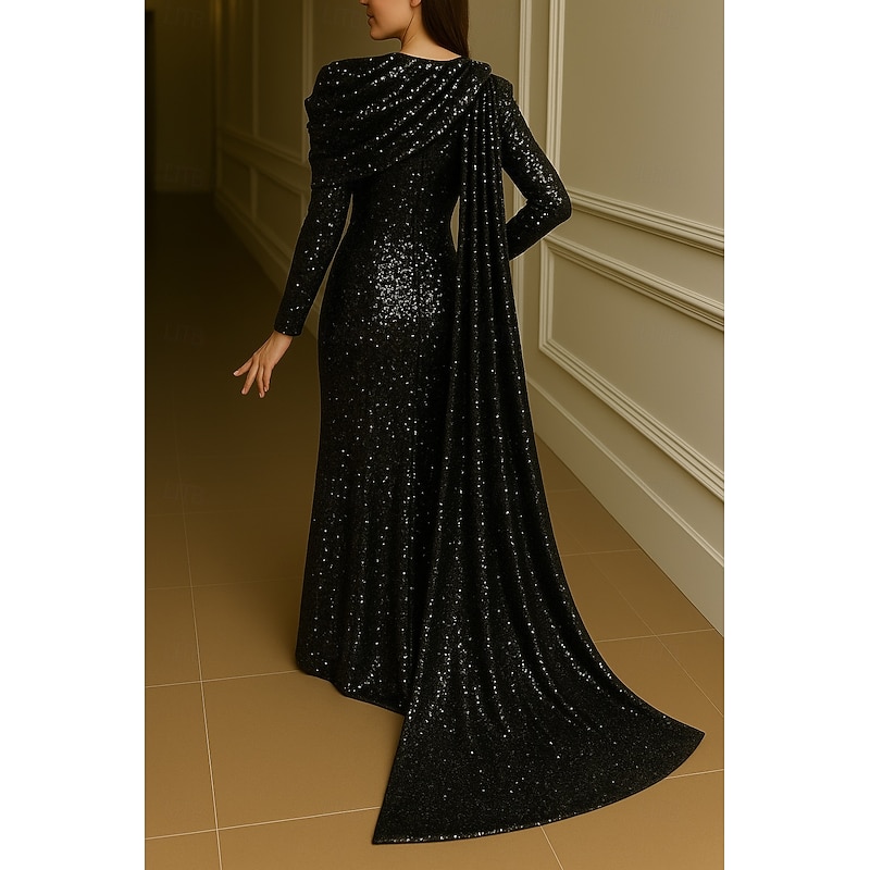 Black Red Sequined Sheath / Column Evening Gown Elegant Dress Formal Wedding Floor Length Long Sleeve High Neck Capes with Glitter 20252