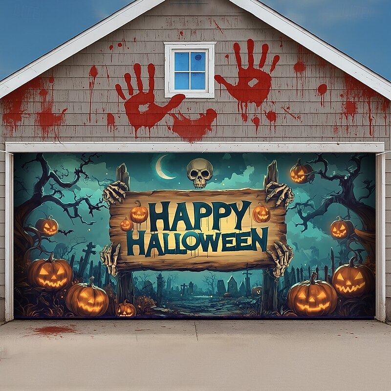 Halloween  Outdoor Garage Door Cover Skeletons Banner Large Tapestry Backdrop Decoration for Holiday Outdoor Garage Door Home Wall Decorations4