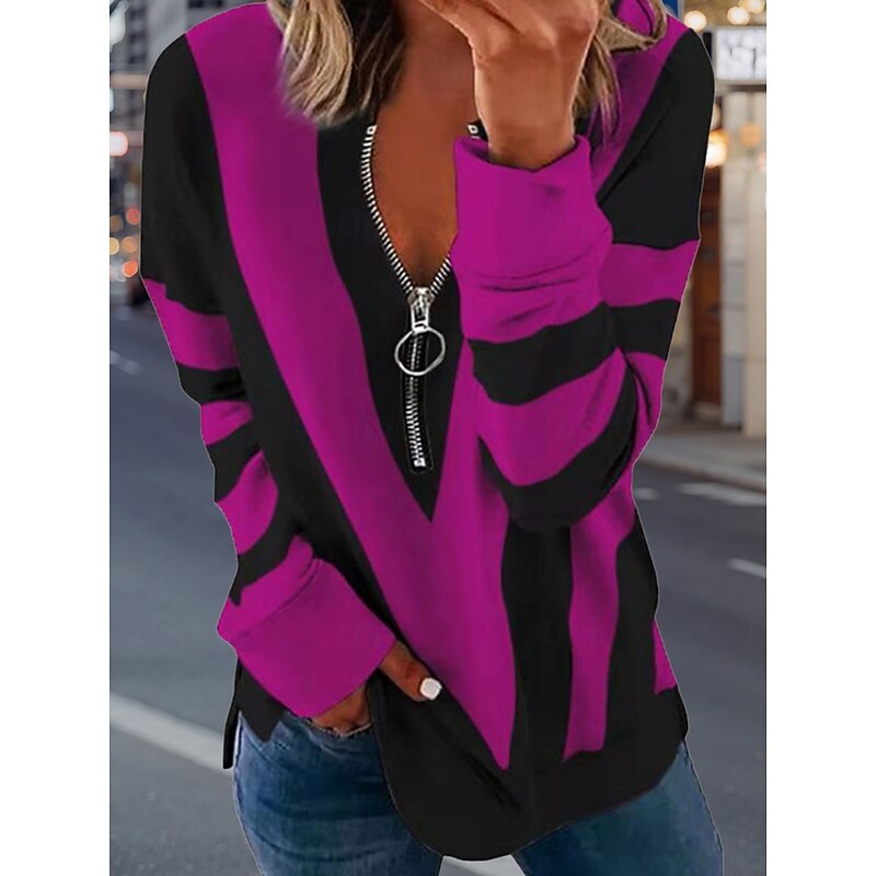 Women's Pullover Sweatshirt Zip Up Sweatshirts Graphic Geometric Fashion Casual Long Sleeve Crew Neck Regular Tops Street Dailywear Zipper Print White Blue Purple Orange Gray Spring Fall Winter2