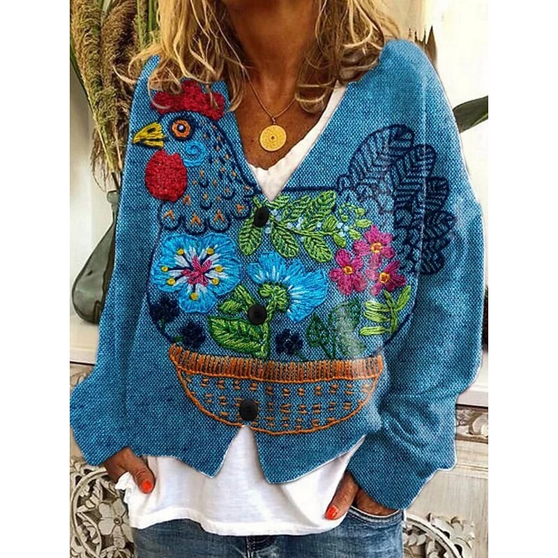 Women's Cardigan Vacation Daily Casual Floral Ribbed V Neck Buttons Print Long Sleeve Regular Tops Knit Outdoor Daily Holiday Blue Orange Fall Winter2