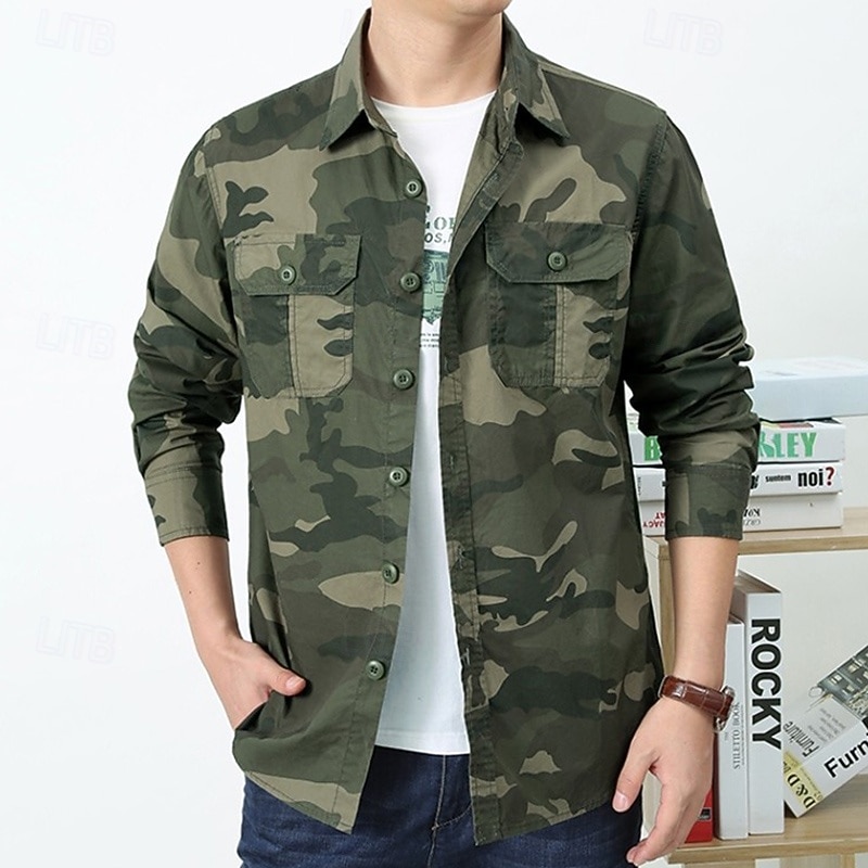 Men's Cargo Shirt Hiking Shirt Waterproof Shirt Long Sleeve Turndown Top Outdoor Breathable Cotton Camo Army Green Khaki Grey Hunting Workout Traveling