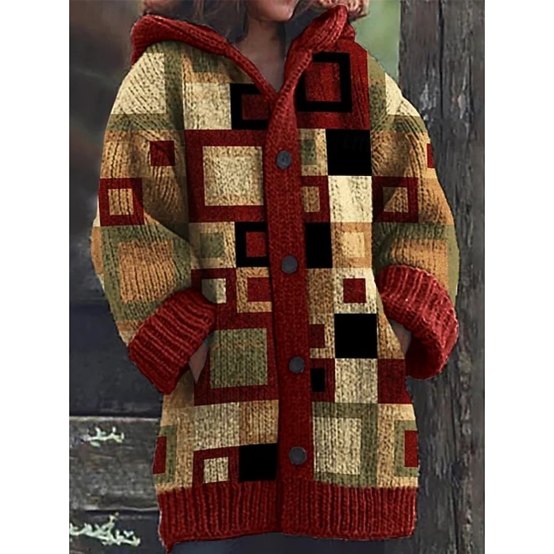 Women's Cardigan Vintage Ethnic Style Geometric Color Block Ribbed Hooded Knitted Print Front Pocket Long Sleeve Regular Tops Knit Outdoor Daily Holiday Red Brown Fall Winter4