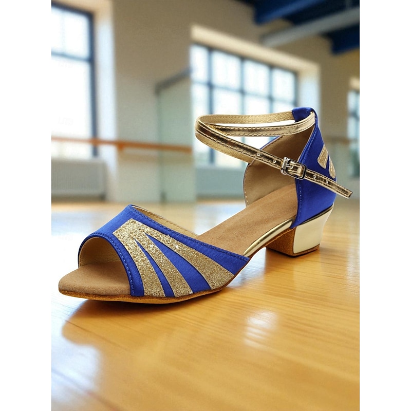 Women's Professional Latin Dance Shoes - Blue and Gold Glitter Open Toe Ankle Strap Low Heel Ballroom Footwear for Teens and Adults, Ideal for Salsa, Rumba and Performance2