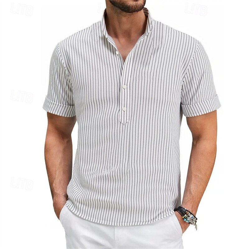Men's Shirt Popover Shirt Summer Shirt Casual Shirt Beach Shirt White Light Green Pink Navy Blue Sky Blue Short Sleeve Stripes Band Collar Vacation Hawaiian Clothing Apparel Cotton Blend Fashion3