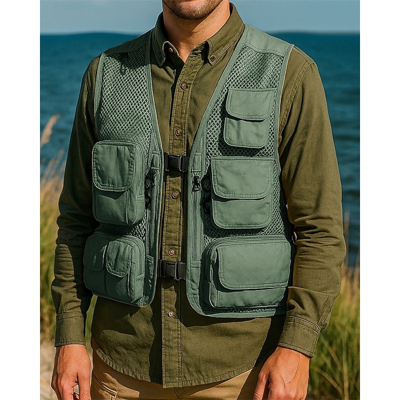 Men's Fishing Vest Hiking Vest Sleeveless Vest Outdoor Lightweight Breathable Zipper Multiple Pockets Polyester Black Army Green Red Hunting Fishing Climbing4