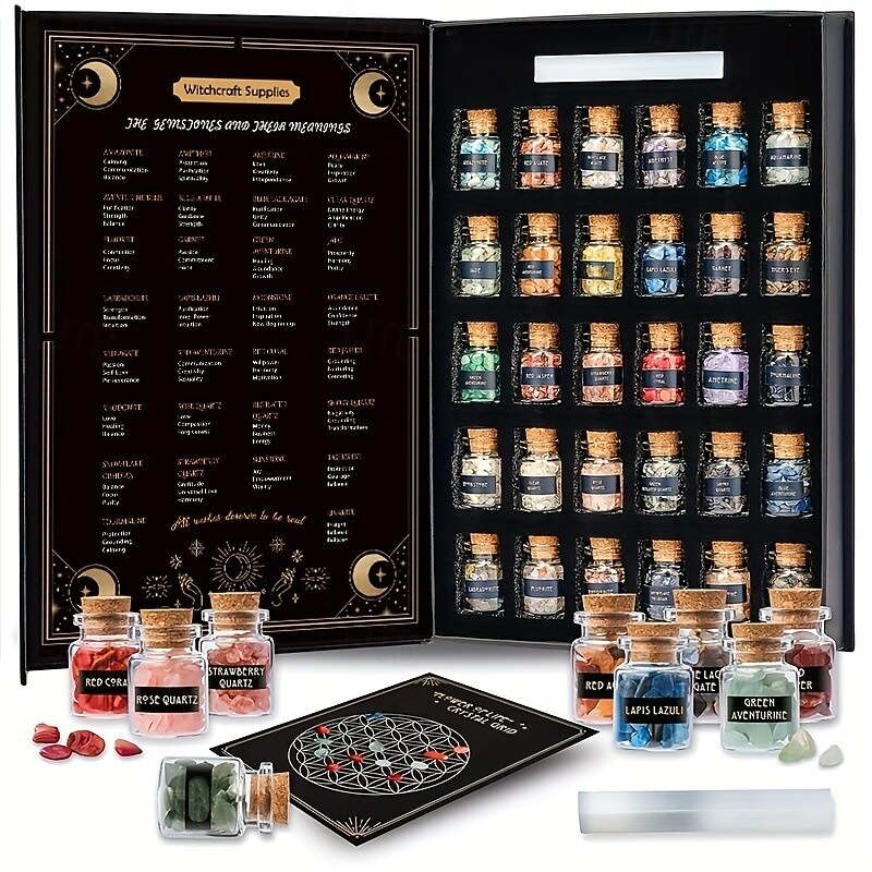 30pcs/50pcs Witchcraft Crystal Jars Set, Mini Gemstones for Wiccan Altar, Non-Electric Witch Supplies, Mystical Healing Stones in Bottles, Wiccan Crafting Tools, for Halloween