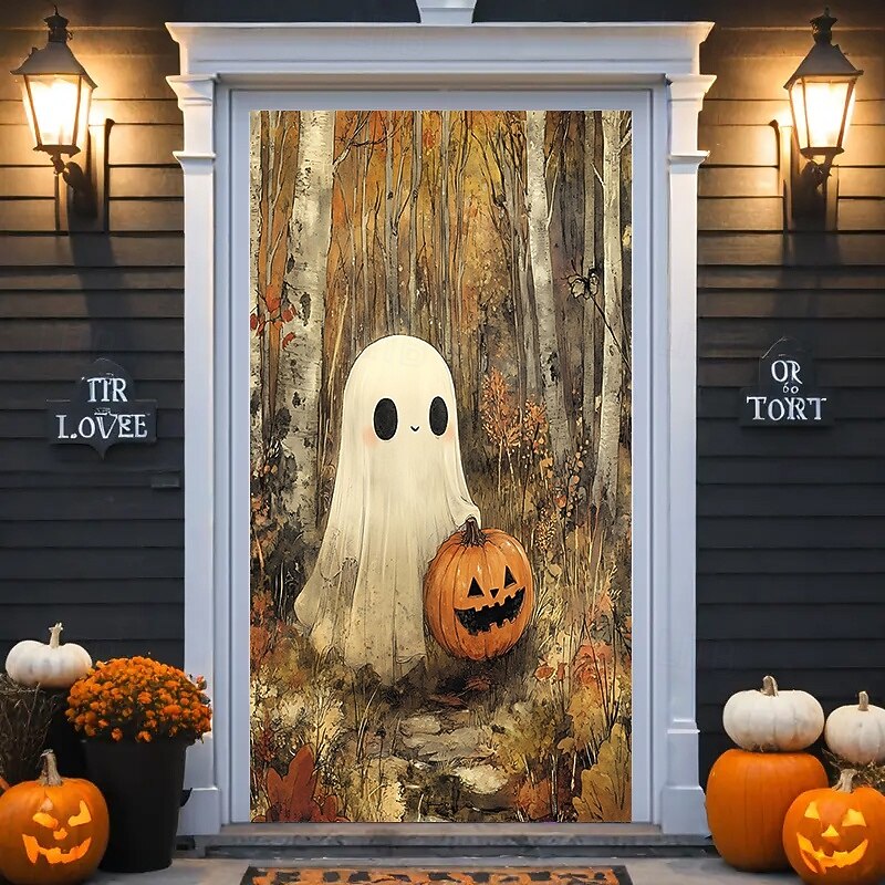 Halloween Door Cover with Cute Ghost and Pumpkin – Fall Forest Haunted House Decoration for Front Door, Trick or Treat Party Outdoor 2025 Halloween Decor