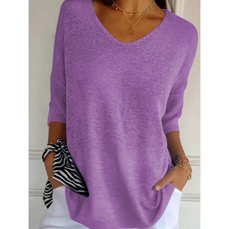 Women's Sweater Pullover Daily Stylish Casual Solid Color Ribbed V Neck Knitted 3/4 Length Sleeve Regular Tops Knit Outdoor Daily Black White Summer Spring3