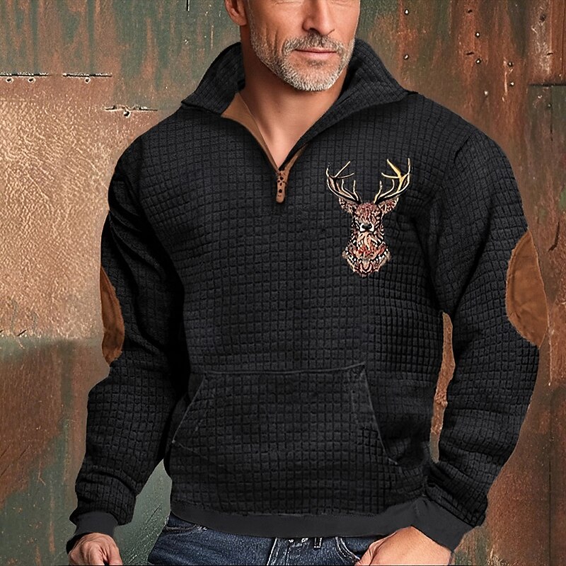 Men's Sweatshirt Quarter Zip Sweatshirt Black White Navy Blue Khaki Light Grey Half Zip Elk Print Sports & Outdoor Daily Holiday Polyester Streetwear Basic Casual Spring Fall Clothing Apparel Hoodies2