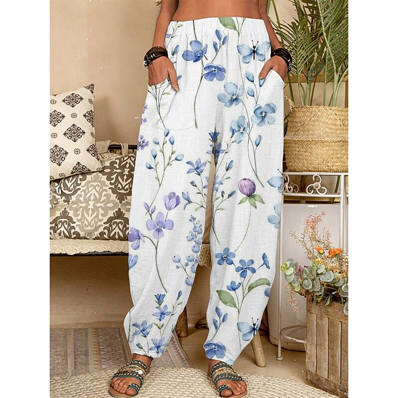 Women's Chinos Pants Trousers Active Fashion Long High Waist Floral Pocket Elastic Waist Printing Breathability Soft Micro-elastic Vacation Street Daily Wear Blue Purple Spring Fall Regular Fit