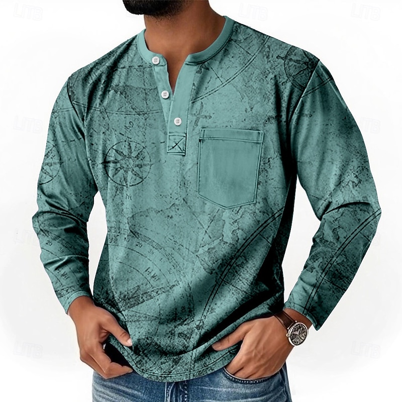 Men's Vintage Compass Henley Shirt T shirt Tee Long Sleeve Retro Vintage Casual Casual Spring Fall All Seasons Dark Red Blue Green Purple Henley Henley T-Shirt3