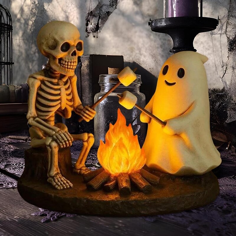 Skeleton and Ghost Bonfire Night Lamp Halloween Cute Ghosts Campfire Roasting Marshmallows Flickering Night Light Spooky Ghost Lamp for Bedroom Table Home Decor4