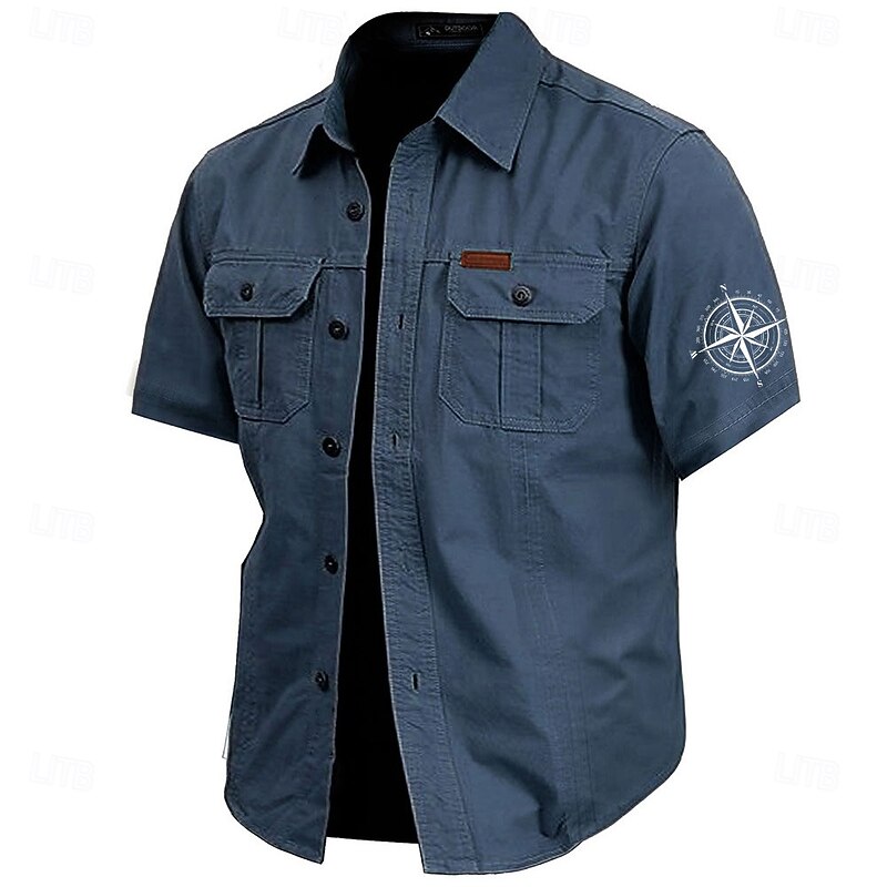 Men's Nautical Compass Work Shirt Western Shirt Cargo Shirt Short Sleeve Casual Tactical Sports Outdoor WorkWear Summer Spring Turndown Front Two Pockets Cotton Button Up Shirts Army Green Khaki Dark