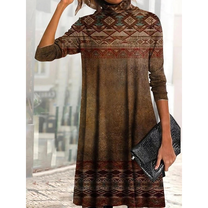 Women's Mini Dress T Shirt Dress Tee Dress A Line Dress Vacation Casual Daily Date Regular Fit Graphic Tribal Long Sleeve High Neck Blue Purple Brown Green Spring Fall Winter
