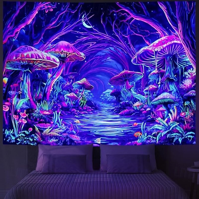 Mystic Mushroom Forest Blacklight Tapestry – Trippy Glow in the Dark Wall Hanging for Bedroom or Dorm Decor2